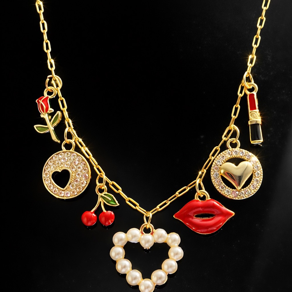 18k Gold Plated Charm Necklace with Red Accents for Valentines Day!